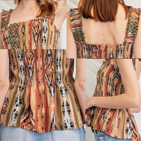 EASEL Smocked Fitted Stretchy Sleeveless Bodice W/Pleated Peplum Aztec Print Top - Picture 12 of 16